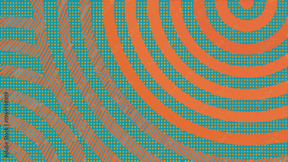 Fototapeta premium Abstract geometric pattern with orange and teal wavy lines and dots