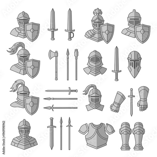 Medieval Knight Armor and Weapons Set Vector Icons