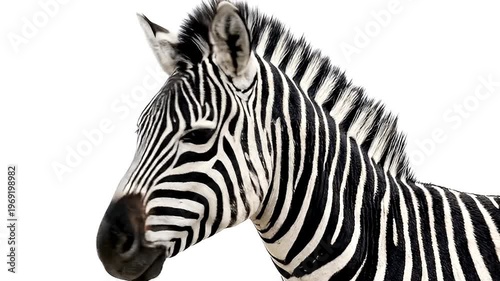 A bold and graphic close-up of a zebra's head and neck against a crisp white background, highlighting the dramatic black and white striped pattern.