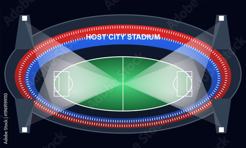 Hand-drawn top view of a modern stylized soccer stadium with floodlights and seating for sport event authentic illustration