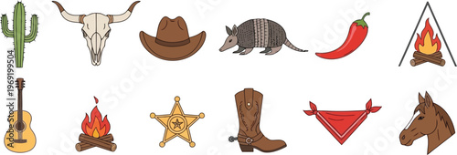 Western cowboy elements collection: cactus, longhorn skull, hat, armadillo, chili pepper