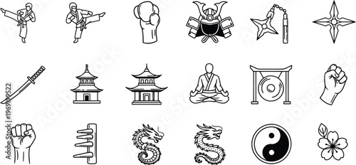 Collection of asian cultural icons: martial artists, samurai helmet, ninja stars, swords
