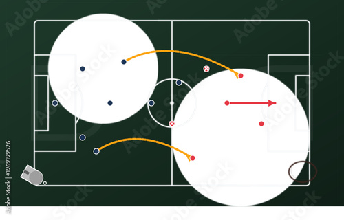 Hand-drawn soccer tactical board with pitch lines player positions arrows strategic play markers for game plan authentic illustration