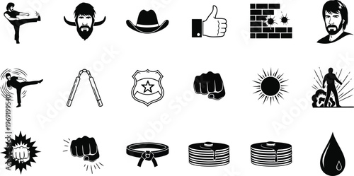 Western and action icons set with black and white