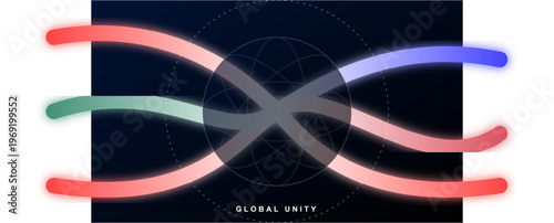 Hand-drawn abstract digital art representing international cooperation with glowing colorful ribbons wrapping around a wireframe globe authentic illustration