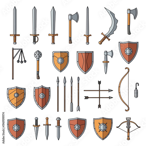 Medieval Weapons and Armor Set: Swords, Shields, Axes, Bows, Crossbow