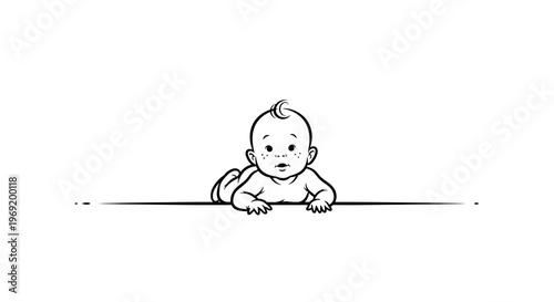 Charming minimalist illustration of an adorable baby peeking over a line, embodying innocence and