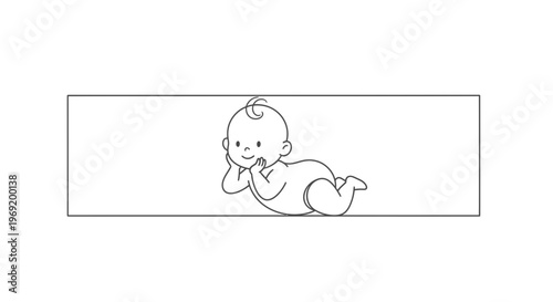 Adorable minimalist line art illustration of a happy baby experiencing tummy time on a clean white