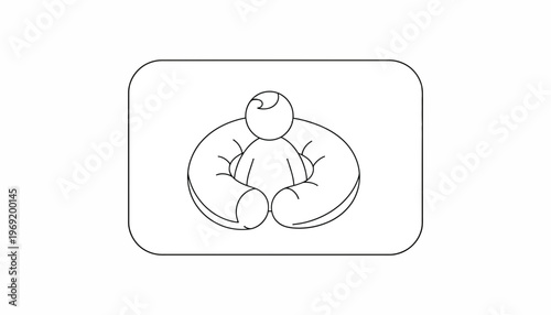 Minimalist line art illustration of a baby safely supported in a comfort cushion design graphic