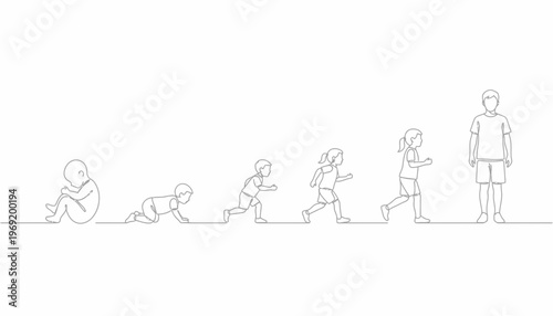Continuous line art illustration depicting human life cycle growth stages from infancy to