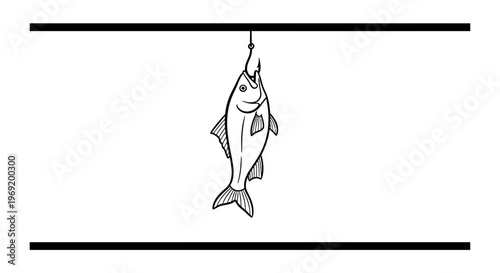 Stylized monochrome drawing capturing a fish caught on a hook between clean horizontal lines