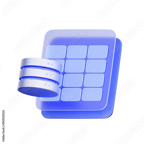 3D illustration of database cylinder with data table for relational databases, sql queries, data architecture, spreadsheet processing, backend logic, and system integration.
