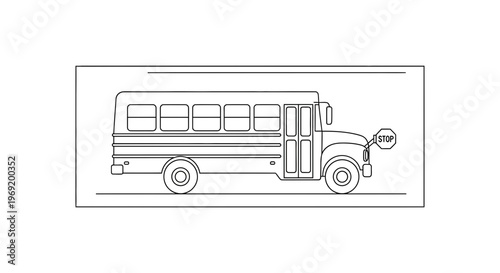 Outline vector drawing of a traditional school bus displaying an extended stop sign for safety