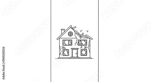 Dilapidated house line art with shattered windows and crumbling walls showing severe structural
