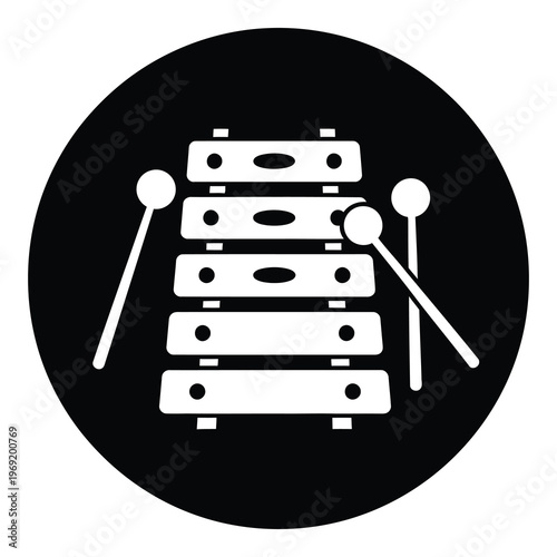 White xylophone icon with mallets on black circular background icon