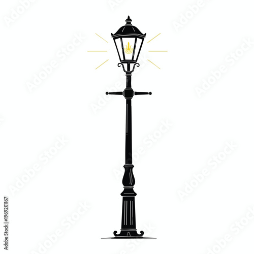 Ornate black lamp post with a lit flame and glowing rays against a white background
