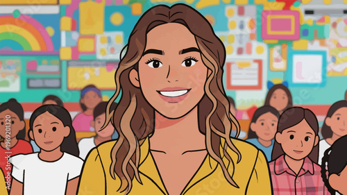 Teacher smiles in classroom with students during indoor learning session in a vibrant school environment