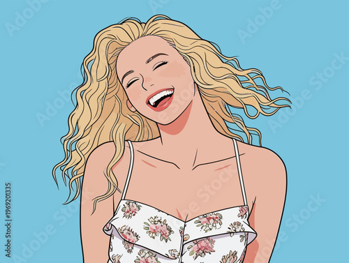 Woman smiles widely while wearing a floral top with long blonde hair against a blue background during a sunny day