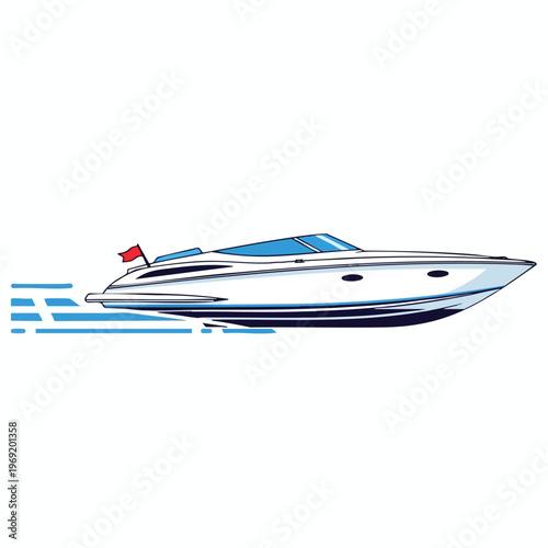 Sleek white speedboat with a red flag speeds across blue water trails