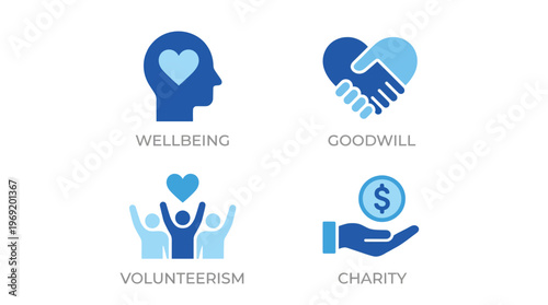 Vector graphic illustration Of wellbeing goodwill volunteerism and charity concepts with blue icons