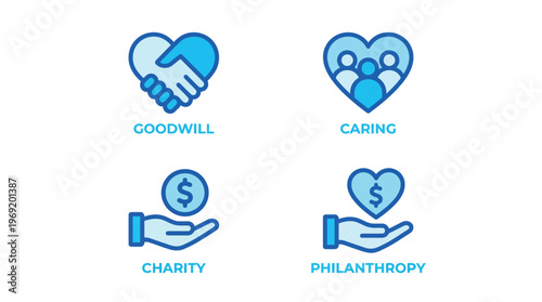 Vector graphic illustration Of charity philanthropy goodwill and caring icons in blue