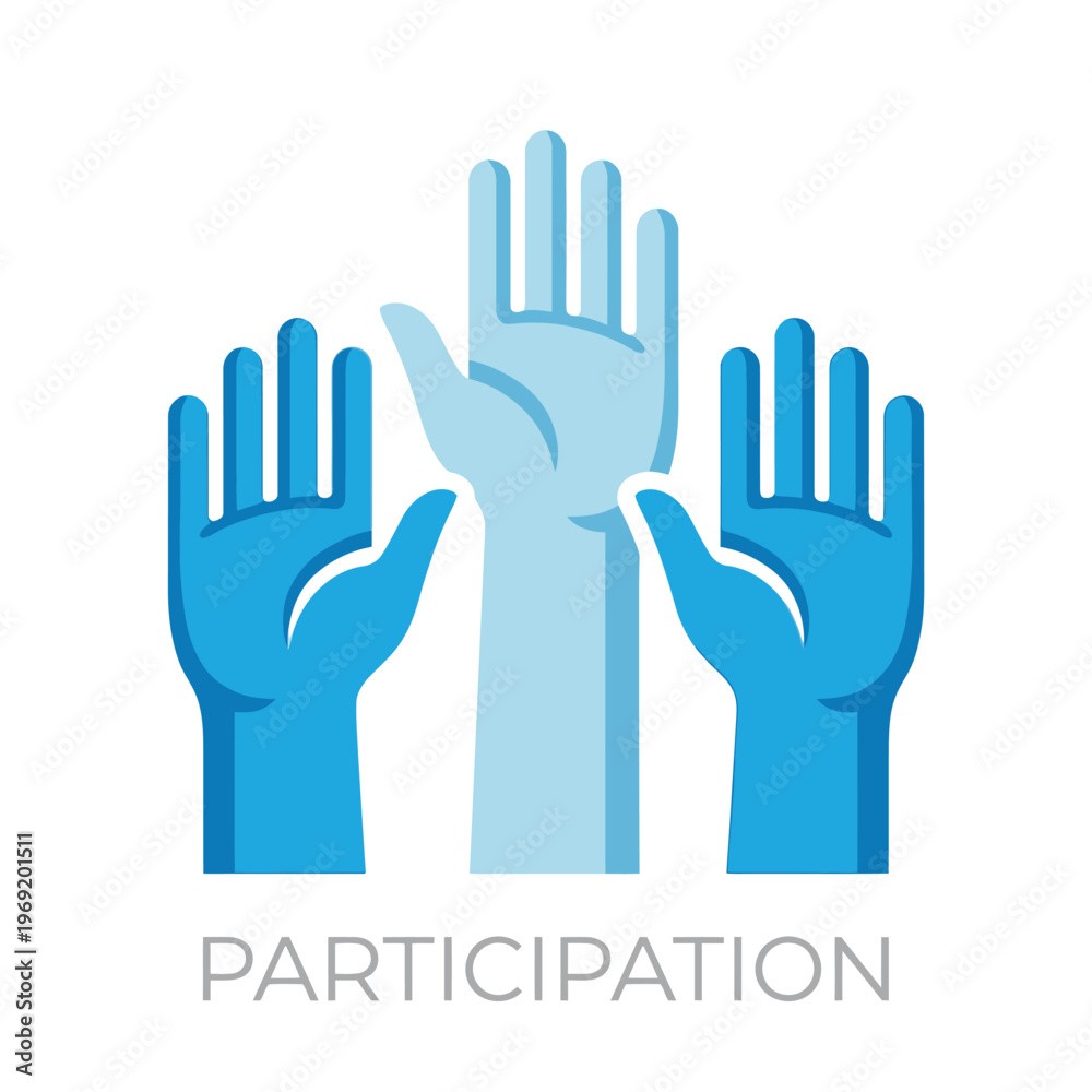 Fototapeta premium Vector graphic illustration Three blue hands raised in participation and unity gesture on white background