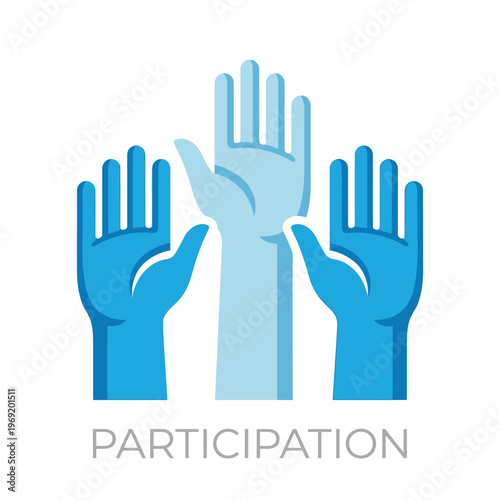 Vector graphic illustration Three blue hands raised in participation and unity gesture on white background