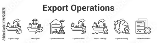 Export Operations web banner icon set vector illustration concept for business with icon of Export Cargo, Sea Export, Export Warehouse, Export License, Export Strategy, Export Planni.