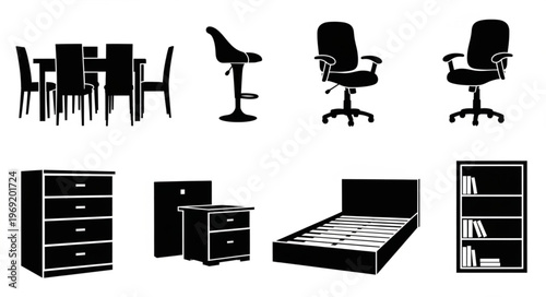 Silhouette Collection of Furniture - Dining Set, Chairs, Bed, and Storage Units.