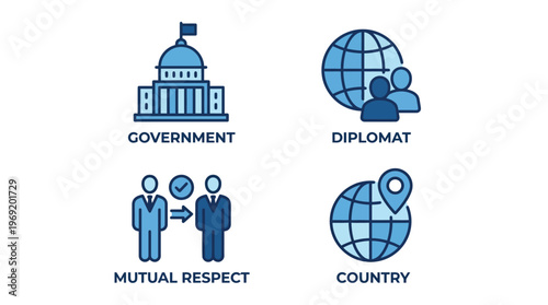 Vector graphic illustration Of government diplomat mutual respect and country symbols in blue tones on white background