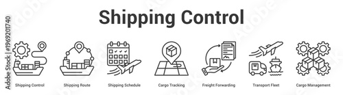 Shipping Control web banner icon set vector illustration concept for business with icon of Shipping Control, Shipping Route, Shipping Schedule, Cargo Tracking, Freight Forwarding, Transport Fle.