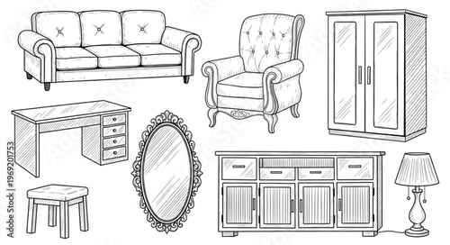 Elegant Furniture Sketch - Sofa, Armchair, Wardrobe, and More.