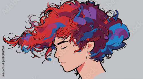 Colorful curls move in the wind as a young person with brightly colored hair stands still in a calm setting during daylight