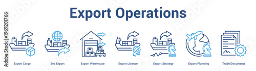 Export Operations web banner icon set vector illustration concept for business with icon of Export Cargo, Sea Export, Export Warehouse, Export License, Export Strategy, Export Planni.