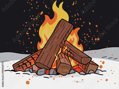 Campfire burns bright at night in the woods with logs and flames creating a warm glow in the dark