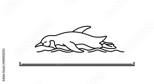 Clean outline illustration of a stylized penguin gracefully swimming through rippling water,