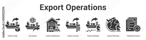 Export Operations web banner icon set vector illustration concept for business with icon of Export Cargo, Sea Export, Export Warehouse, Export License, Export Strategy, Export Planni.