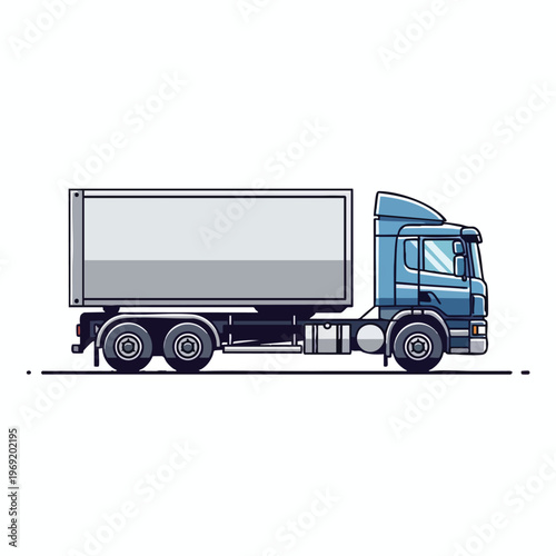 Blue semi-truck with a white cargo trailer, isolated on a white background