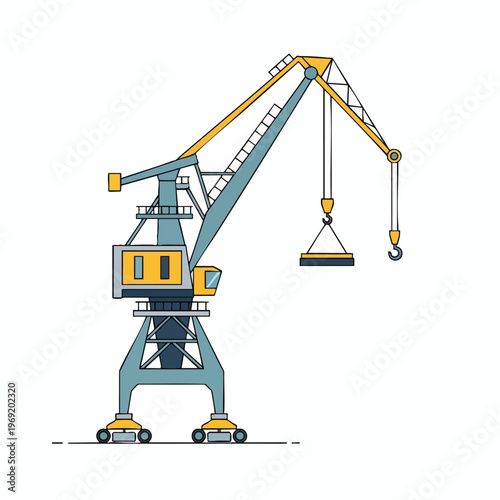 Yellow and blue gantry crane on wheels lifts a grey cargo container with a hook