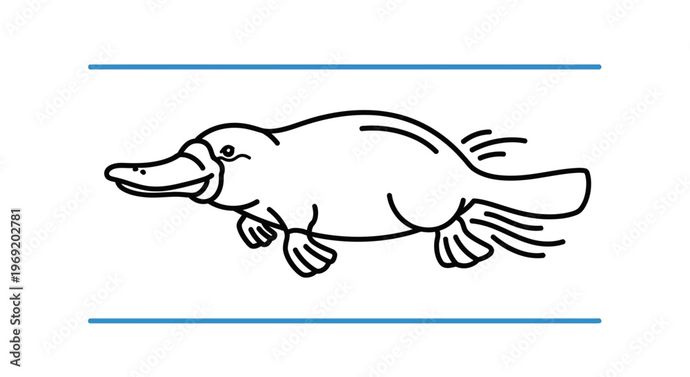 Obraz premium Charming simple black outline platypus swimming with a friendly smile between blue lines minimal