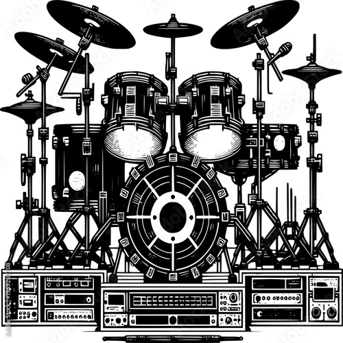 Industrial steel drum set vector featuring engineering music drum equipment