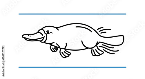 Charming simple black outline platypus swimming with a friendly smile between blue lines minimal