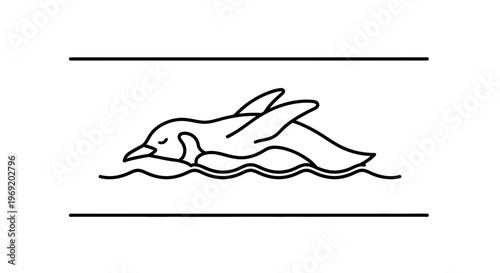 Minimalist line art illustration of a penguin gracefully swimming on water surface, clean icon