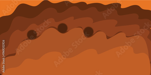 Abstract artistic depiction of stylized rolling hills with small dark circular shapes