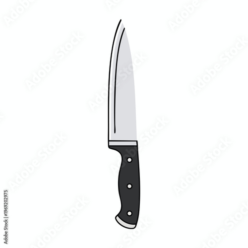 A chef's knife with a black handle and silver blade stands vertically