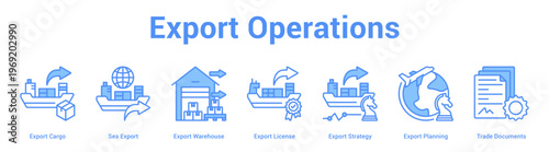 Export Operations web banner icon set vector illustration concept for business with icon of Export Cargo, Sea Export, Export Warehouse, Export License, Export Strategy, Export Planni.