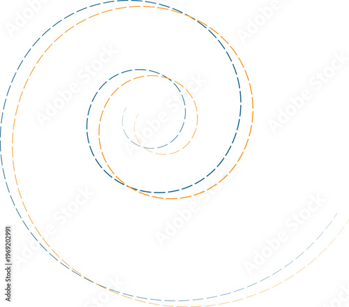 Abstract geometric spiral design with overlapping dashed lines in contrasting colors isolated on transparent background