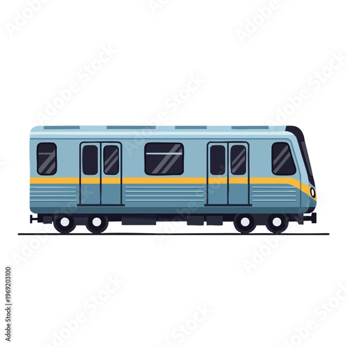 A light blue subway train with a yellow stripe on a white background