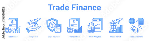 Trade Finance web banner icon set vector illustration concept for business with icon of Trade Finance, Freight Cost, Cargo Insurance, Financial Trade, Trade Analytics, Global Mark.