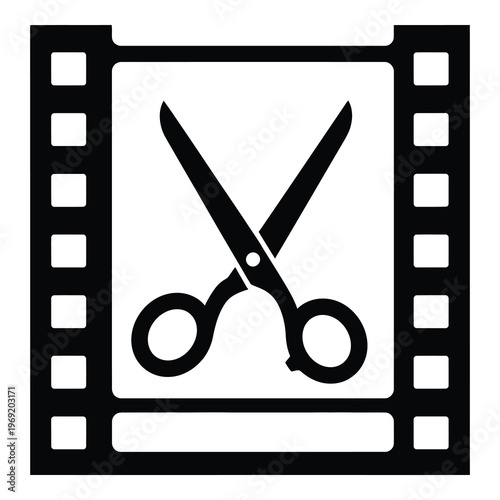 Film strip icon with scissors cut editing symbol on white background icon